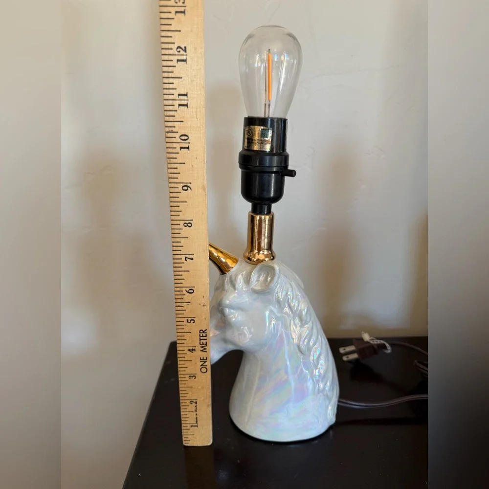 Gold White Unicorn‎ Table Lamp Estate Iridescent ~11” T